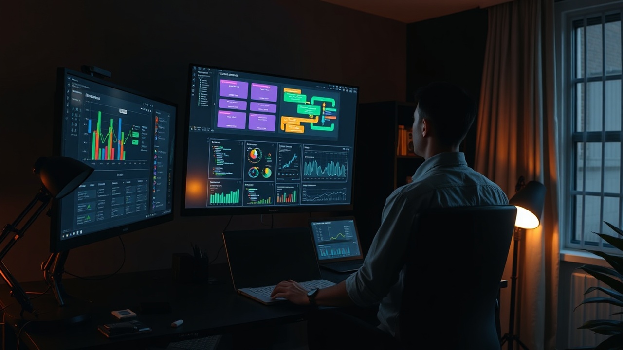 Moderne Büroumgebung mit Daten-Dashboards und Prozessvisualisierung